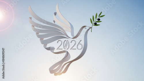 Metallic dove holding olive branch with 2026 year on body flying in sunny blue sky