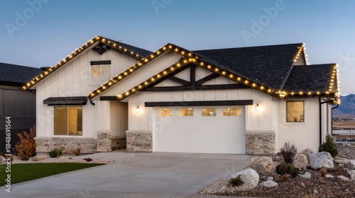 A charming, illuminated house sparkles in the twilight. Festive lights accentuate the roofline, creating a warm and welcoming ambiance in the neighborhood