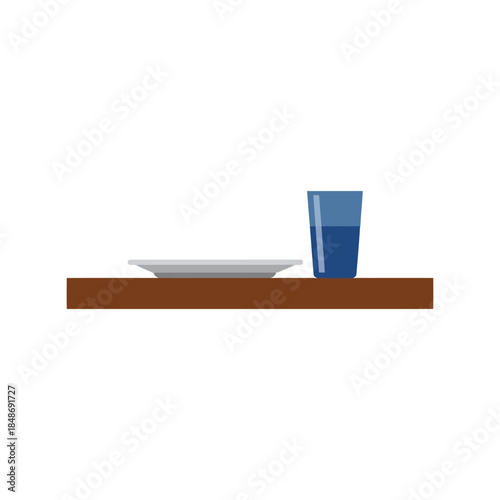 Minimalist Dining Vector Illustration Featuring a Plate and Glass on Wooden Tabletop