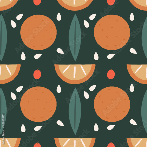cute colorful symmetrical seamless vector pattern illustration with oranges, leaves, seeds and red berries on green background