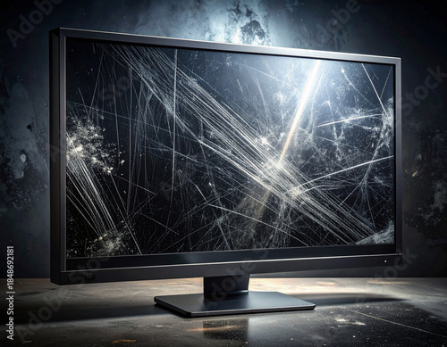 Close-up of a scratched and damaged computer monitor screen with bright reflections