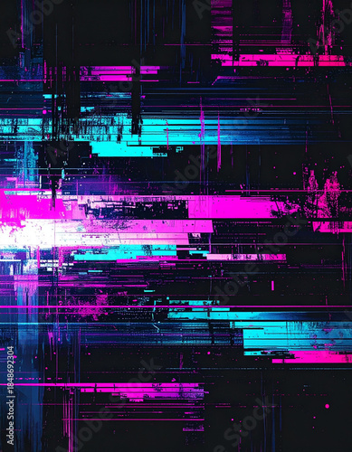 Abstract digital glitch art with vibrant pink and cyan lines on a dark background