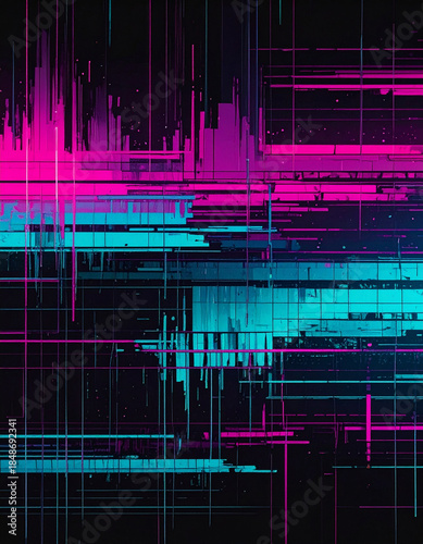 Abstract digital glitch art with vibrant neon pink and cyan lines on a dark background