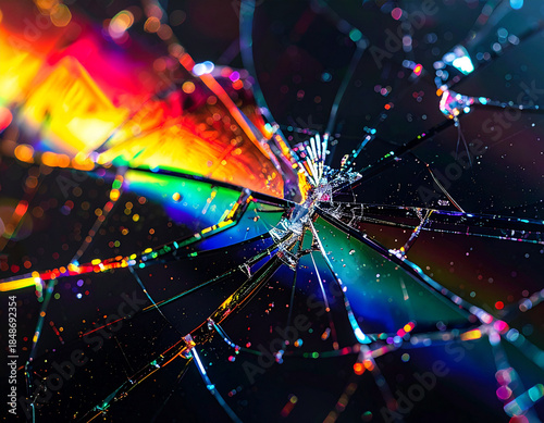 Abstract rainbow light fractured through shattered glass with bokeh effects