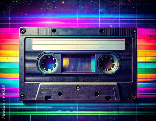 Retro cassette tape with vibrant neon stripes and starry background