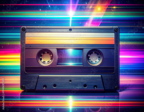 Retro cassette tape with vibrant neon light streaks in the background