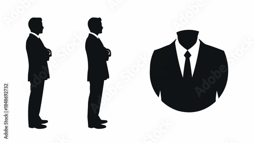Silhouette of two businessmen standing and a suit icon.