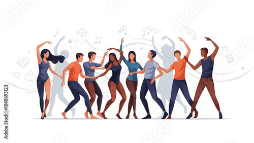 Vibrant group of diverse young adults dancing joyfully together in a lively social setting