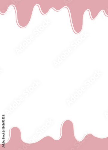 Pastel pink dripping liquid border background. Melting sweet icing or paint frame on white.