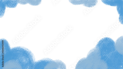 Blue cloud frame background. Hand-drawn crayon sky border with white copy space Cute blue cloud border texture