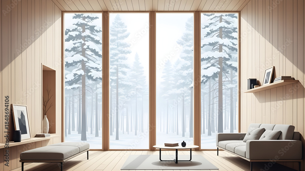 Fototapeta premium Modern minimalist living space featuring expansive windows that frame a tranquil, snow-covered winter forest, creating a serene and cozy retreat with abundant natural light and a clean aesthetic