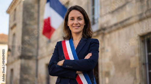 Portrait of a confident female French mayor wearing the official tricolor sash with arms crossed. Smiling elected woman standing in front of a town hall with the French flag.
