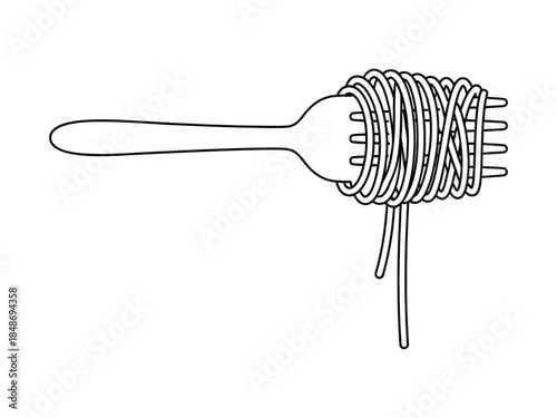 Twirled spaghetti on a fork, simple line art illustration