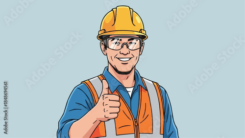 Smiling construction worker in hard hat giving a thumbs up gesture of approval