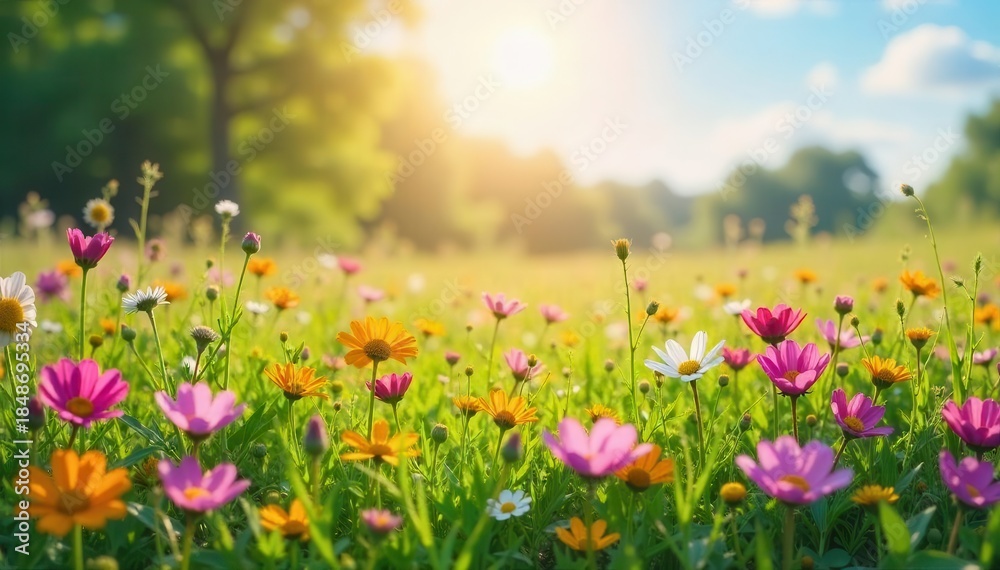 Fototapeta premium Vibrant wildflowers carpet sun-drenched meadow, purple, wildflowers