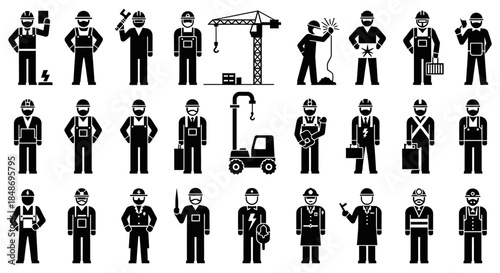 Collection of Construction Workers and Equipment Icons.