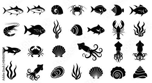Collection of Simple Black Sea Creatures.