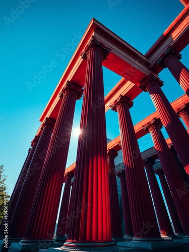 Crimson columns soar, a fragmented legacy reclaimed by finance's bold geometry,  vibrant colors,  modern facade