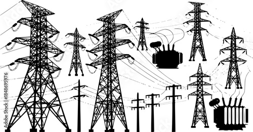 Collection of industrial electricity transmission tower and transformer silhouettes vector illustration isolated on white background