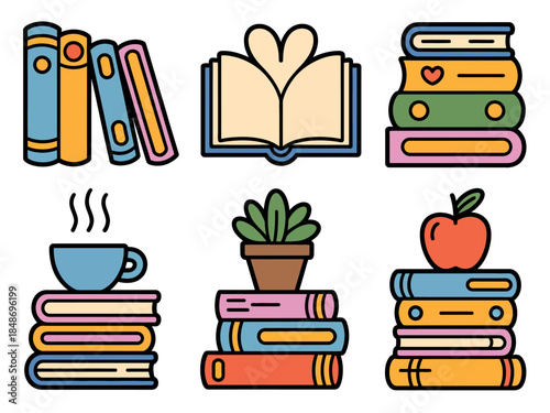 Colorful Book Stacks and Symbols