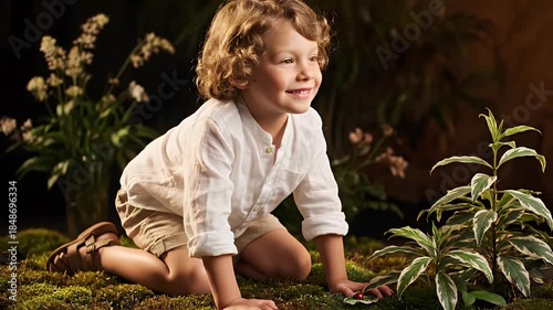 Curious Young Boy Crawling Through Lush Green Mossy Forest Floor Exploring Nature in Soft Natural Lighting