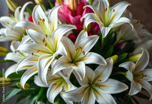 Elegant white lilies arranged in a lush bouquet, celebration, peace