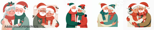 vector half body of old couple giving a warm hug at Christmas