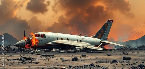 Fiery jet aircraft wreckage scattered across scorched earth, disaster, smoke