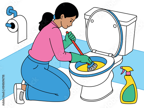 Woman Cleaning Toilet with Brush