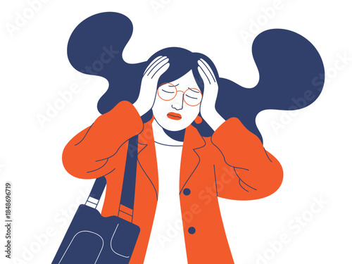 Woman with headache, stressed, overwhelmed, frustrated, and anxious, holding her head