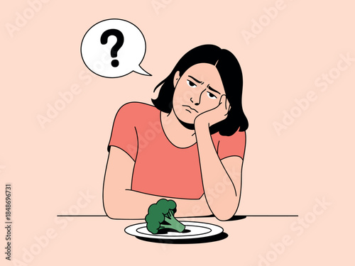 Woman Looks at Unappetizing Green Broccoli on Plate with Confusion and Disinterest