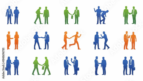 Diverse Group of Business People Engaged in Handshakes and Meetings.