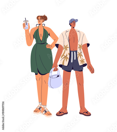 People are wearing sandals, dress, shorts, cap at sea resort. Happy couple in summer clothes stands together. Tanned man and woman are in hot weather outfit. Flat isolated vector illustration on white