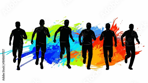 Silhouettes of Runners in a Race with Colorful Background Splashes.
