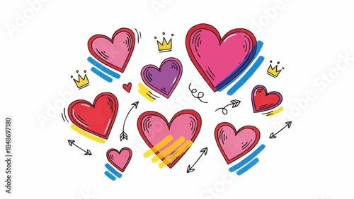 Collection of Hand Drawn Hearts with Crowns and Arrows.