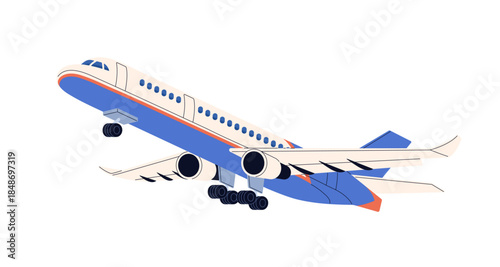 Big passenger airplane is in flight. Aircraft flies in the sky. Plane is soaring in the air. Airliner takeoff or landing in airport at travel. Flat isolated vector illustration on white background