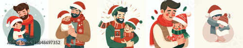 vector half body of a father hugging son on christmas