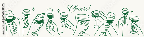 Hands holding wineglasses. Cheers, festive banner with arms stretched and raised up with wine glasses for toast, holiday celebration. Celebrating with alcohol drinks. Flat vector illustration