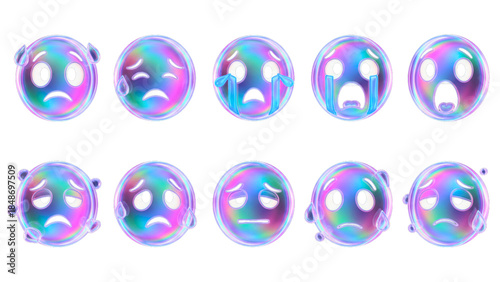3D iridescent holographic glass sweat, sad, crying, fear, downcast, weary, confounded face emoji icon set with transparent PNG background 16:9 illustration