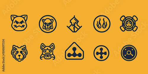 Set of twelve animal head and abstract geometric icons including angry cat, bear face, wolf, dog, and various symbol badges with simple thin line style on orange background vector illustration
