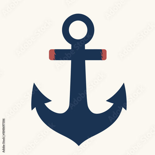 Minimalist nautical anchor icon with navy blue silhouette and subtle rust details on crossbar symbolizing maritime stability and navigation