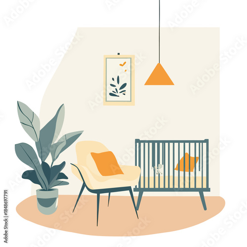 Minimalist nursery interior with modern crib, comfy armchair, indoor potted plant, warm yellow decorative accents, and wall art illustration