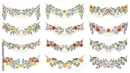 Elegant Folk Garland Vector Set Wedding Swag Floral Elements
