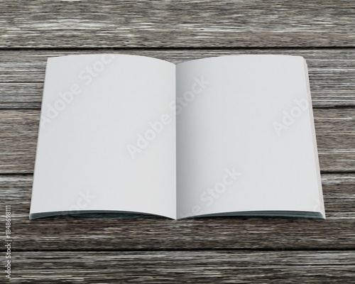 Opened brochure, catalog blank inside pages on wooden planks old table brown background 3d illustration.
