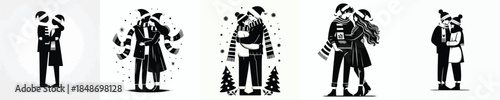 vector silhouette full body of couple giving a warm hug at Christmas