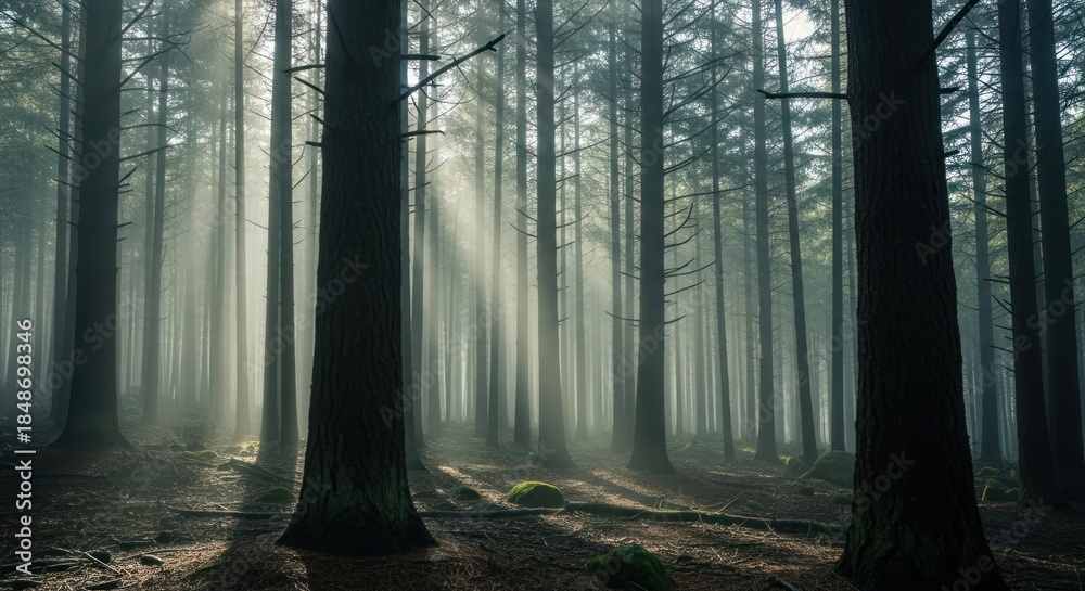 Fototapeta premium Mystical sunbeams filtering through a dense, silent woodland setting, showcasing natural beauty