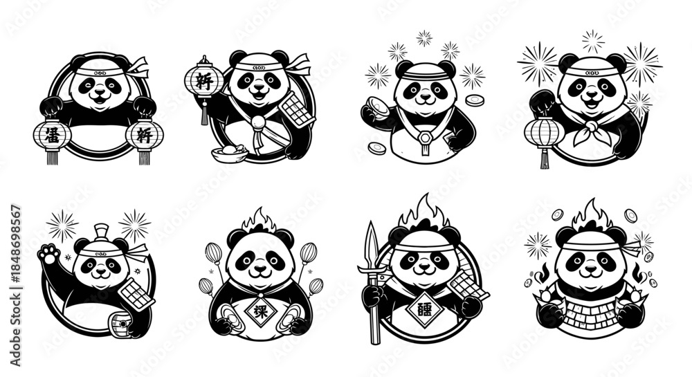 Fototapeta premium Eight Cartoon Panda Characters in Various Costumes.