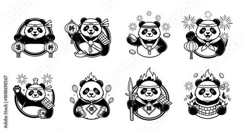 Eight Cartoon Panda Characters in Various Costumes.