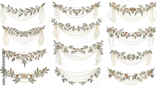 Elegant Folk Garland Vector Set Wedding Swag Floral Elements