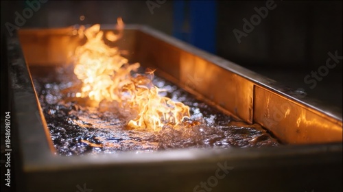 Closeup of rapid quenching process with metal plunging into oil bath highlighting heat transfer and cooling effects in industrial metal treatment.